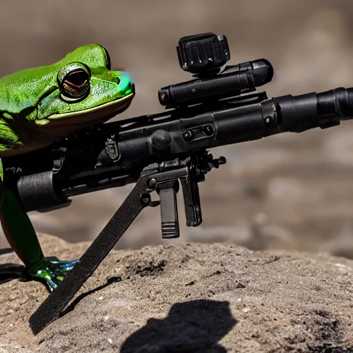 Image similar to photo of a rare frog equipped with m 2 4 9 machine gun and night vision target acquisition system