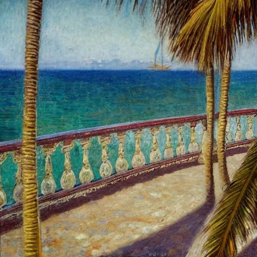 Image similar to a ultradetailed beautiful painting of a old boat in the amazonas palace balustrade designed by jules bastien - lepage, tarsila do amaral, frank weston and gustave baumann, beach, trending on artstation, mediterranean, palm trees, sharp focus, soft light, 8 k 4 k