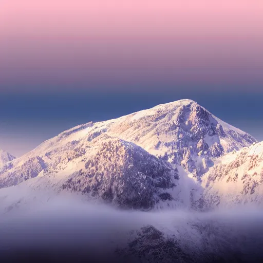 Prompt: tall snowy mountain range, realistic, detailed, fog, award winning photo, sunset, 8 k