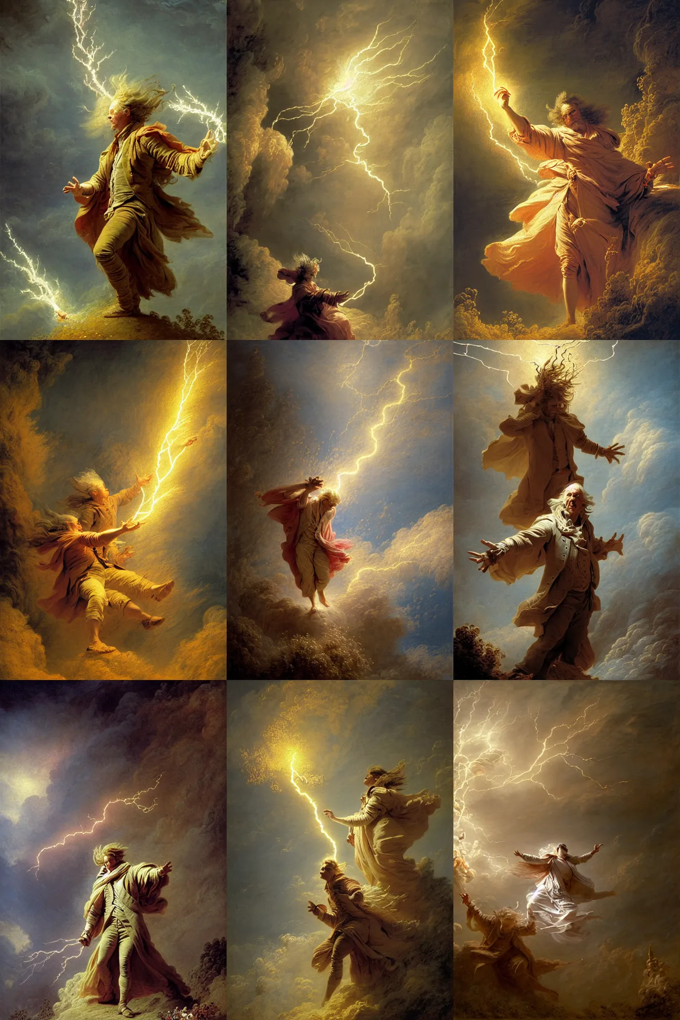 Prompt: wizard with lightning bolt from hand, windy, stoic, is ( ( with arms half lifted toward us ) ). light dust, magnificent, hyperdetailed, theatrical, close up, masterpiece, painted by jean honore fragonard and greg rutkowski