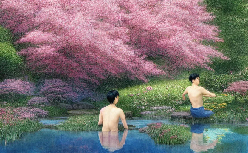 Prompt: pink haired young asian man backlit staring at black haired young asian man from across a pond, by alan lee, muted colors, springtime, colorful flowers & foliage in full bloom, sunlight filtering through trees & skin, digital art, art station cfg _ scale 9