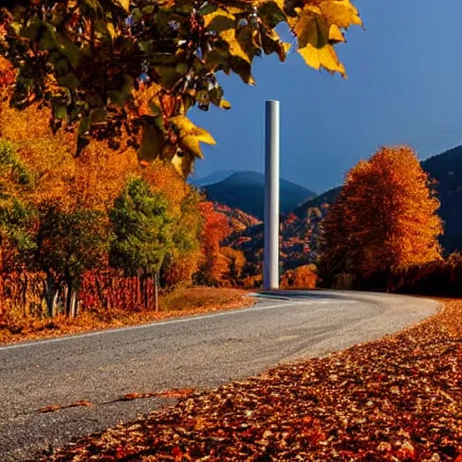 Prompt: a road next to warehouses, and a hill background with a radio tower on top, autumn
