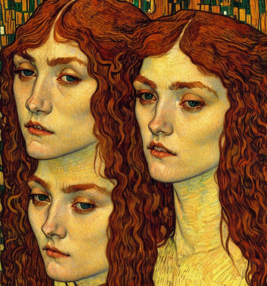 Image similar to detailed realistic beautiful young medieval queen face portrait by jean delville, gustav klimt and vincent van gogh, art nouveau, symbolist, visionary, gothic, pre - raphaelite, muted earthy colors, desaturated