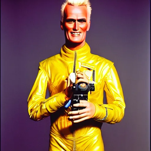 Prompt: uhd candid photo of max headroom wearing a spacesuit, glowing, global illumination, studio lighting, radiant light, detailed, correct face, elaborate intricate costume. photo by annie leibowitz