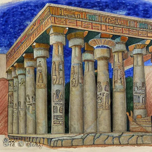 Prompt: an Egyptian temple made from obsidian, painting by Botticelli, sketchbook, Fineliner and alcohol markers