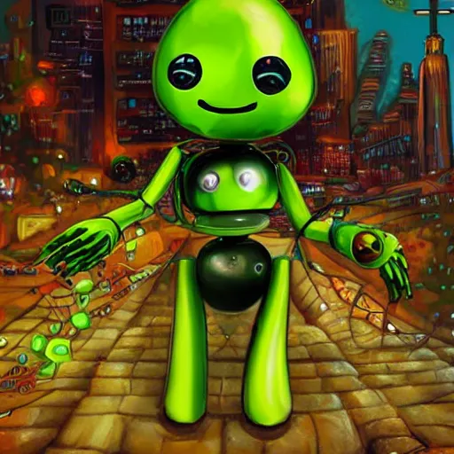 Prompt: an avocado robot in a future city, highly detailed, fantasy art