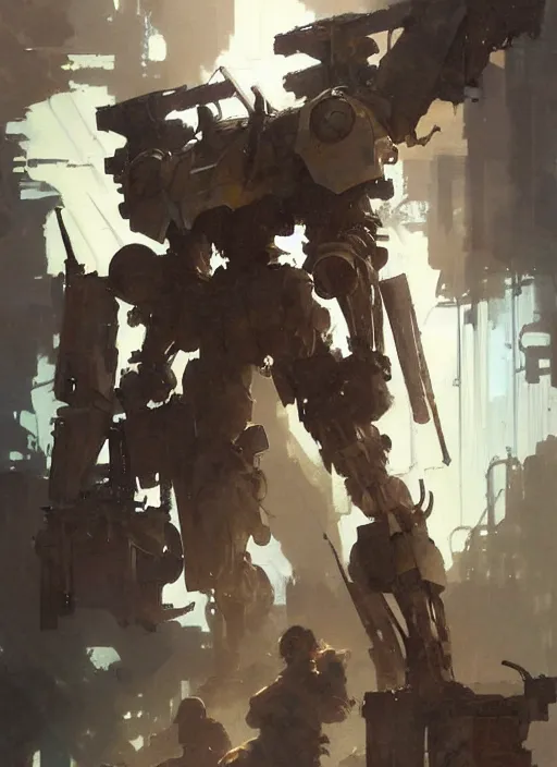 Image similar to beautiful neutral earth toned palette knife painting artwork by yoji shinkawa jeremy mann, full body character portrait warhammer 4 0 k mech pilot exotic, charlie bowater and magali villeneuve and alphonse mucha, gaston bussiere, craig mullins, j. c. leyendecker, by artgerm