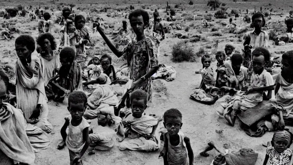 Prompt: 1 9 8 4 ethiopian famine and drought, dark, moody, feature article by new york times, 8 k