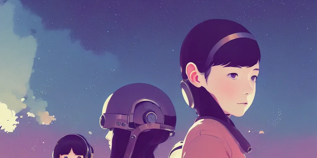 Image similar to portrait of a girl with astronaut helmets by ilya kuvshinov, cloudy sky background lush landscape ln illustration concept art anime key visual trending pixiv by victo ngai fanbox by greg rutkowski makoto shinkai takashi takeuchi studio ghibli