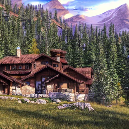 Image similar to montana alpine landscape with modern style mansions scattered on the mountainsides, photo realism, dramatic lighting, from a dream, high quality digital art, unreal engine