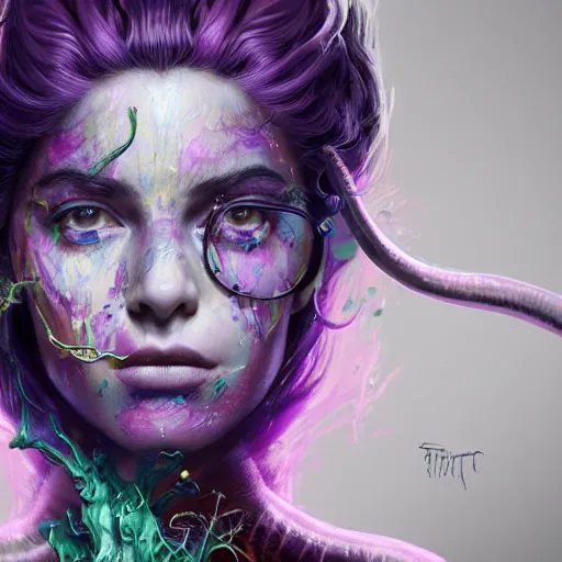 Image similar to detailed art portrait of a furious girl with think, hair-like purple tentacles on her head and bright purple eyes, 8k,by tristan eaton, Stanley Artgermm,Tom Bagshaw,Greg Rutkowski,Carne Griffiths,trending on DeviantArt, face enhance,hyper detailed ,full of colour,