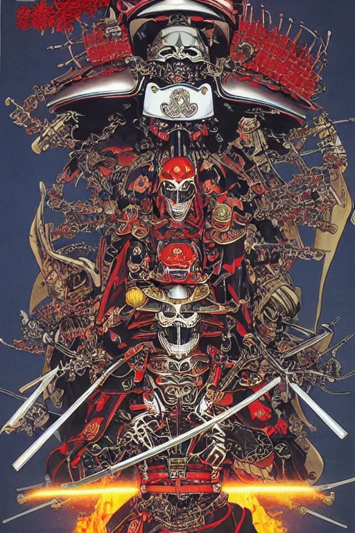 Image similar to poster of crazy skeletor samurai with japanese armor and helmet, by yoichi hatakenaka, masamune shirow, josan gonzales and dan mumford, ayami kojima, takato yamamoto, barclay shaw, karol bak, yukito kishiro