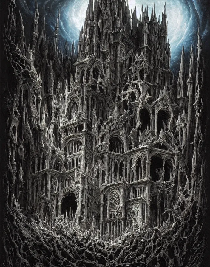 Image similar to a dark gothic castle made of skulls and bones and skeletons, tall spires, epic nebula, Dan Seagrave art