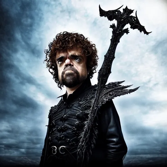 Prompt: kamelot album cover featuring photo of peter dinklage, power metal album cover, trending on artstation, intricately detailed, highly detailed, classic, award winning