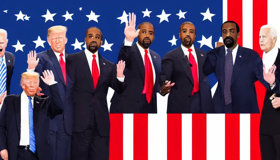 Prompt: hyperrealistic photograph of joe biden, donald trump, will smith, chris rock, kanye west, and pete davidson pledging allegiance, photorealism,