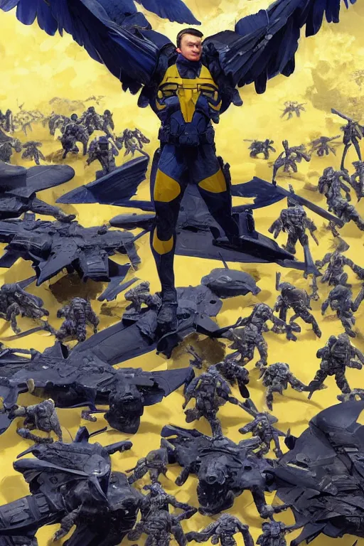 Image similar to A distant shot of a super soldier with a Ukrainian blue and yellow uniform with wings is standing on a pile of skulls, Call of Duty, marvel comics, dark, intricate, highly detailed, smooth, artstation, digital illustration by Ruan Jia and Mandy Jurgens and Artgerm and Wayne Barlowe and Greg Rutkowski and Frank Frazetta