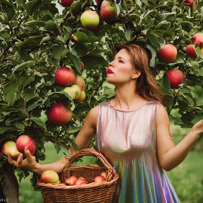 Image similar to a closeup portrait of a woman wearing an inflatable iridescent dress, picking apples from a tree in an orchard, foggy, moody, photograph, by vincent desiderio, canon eos c 3 0 0, ƒ 1. 8, 3 5 mm, 8 k, medium - format print