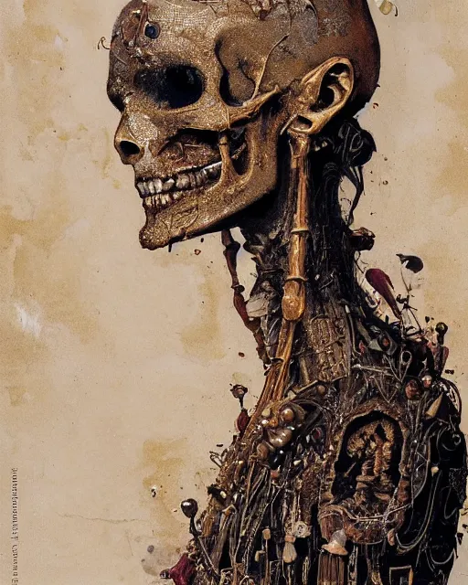 Image similar to A boney thin body girl humanoid with teared viscose clothes wearing a carved mineral mask with tiny mineral and gold incrustations. skull bones, , hyper detailed, insane details, intricate, elite, ornate, elegant, luxury, by Ismail inceoglu dragan bibin hans thoma greg rutkowski Alexandros Pyromallis Nekro Rene Maritte Illustrated, Perfect face, fine details, realistic shaded, fine-face, pretty face