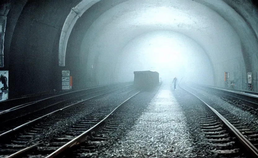 Prompt: very large giant mutant zombie irradiated ( angry rat ) staying on railways in tonnel of moscow subway. tonnel, railways, giant angry rat, furr, fangs, claws, very realistic. fog, extreme long shot, herman nitsch, giger.