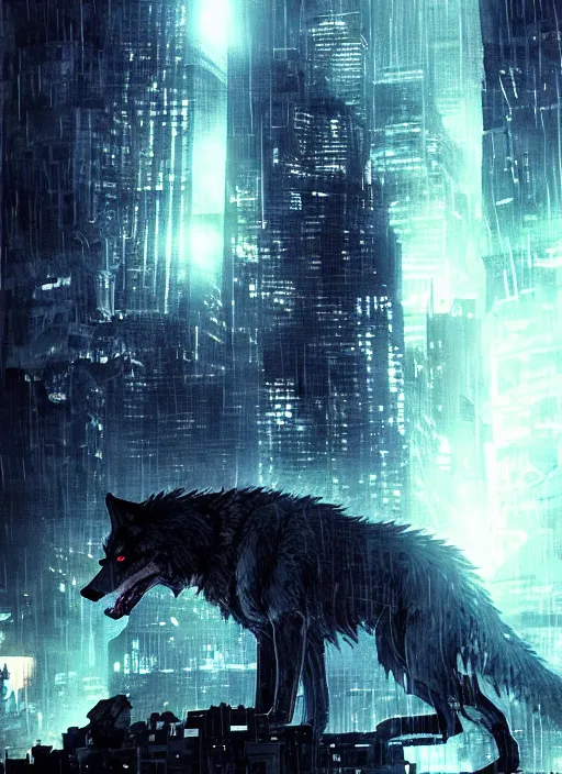 Image similar to Giant wolf with glowing eyes towering over a fantasy city, raining. In style of Yoji Shinkawa and Hyung-tae Kim, trending on ArtStation, dark fantasy, great composition, concept art, highly detailed, dynamic pose.