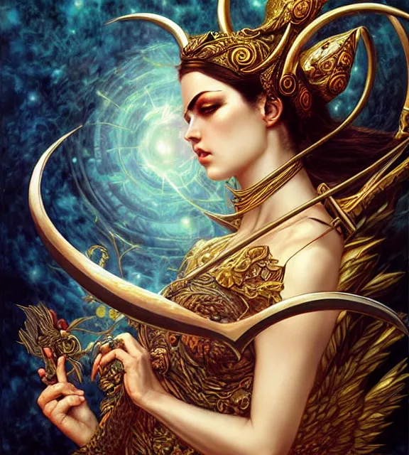 Image similar to goddess of the hunt, tarot card, ornate, digital art by artgerm and karol bak