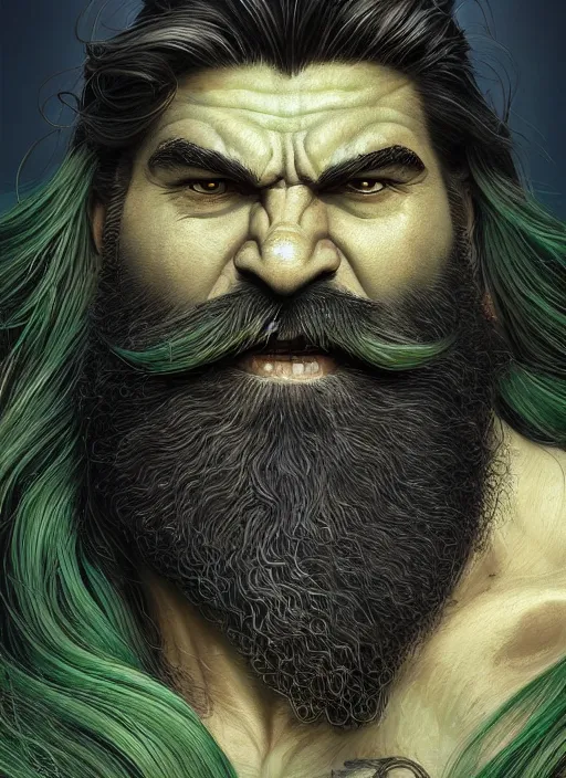 Prompt: portrait of a hulky herculean well groomed orc with flowing long deep green hair, epic beard, style of god of war, swarm of sand, intricate, elegant, highly detailed, digital painting, artstation, concept art, smooth, sharp focus, illustration, art by artgerm and greg rutkowski and alphonse mucha, 8 k