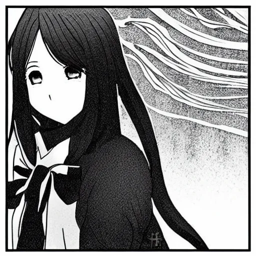 Image similar to “Detailed manga art of a beautiful Japanese girl holding a knife; loving expression; school uniform; high contrast; clean, sharp”