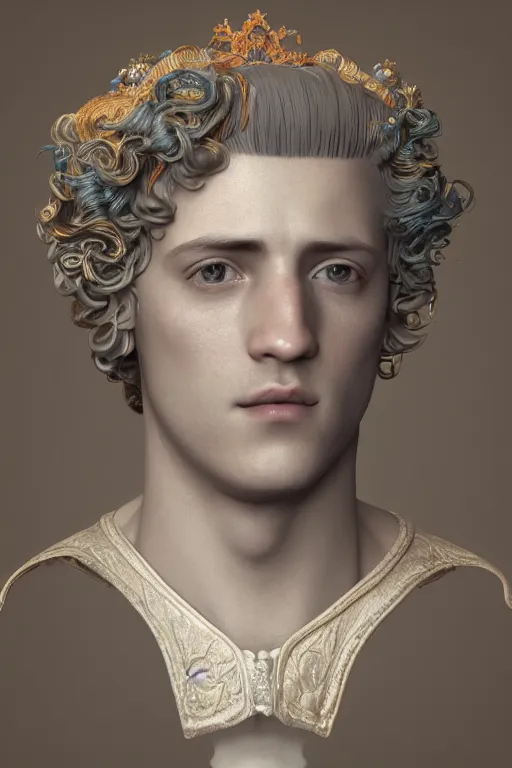 Image similar to a realistic porcelain full-head rococo style bust of handsome young Spanish prince a faded style haircut and a crown made of colored pipecleaners, suspended in outer space, photorealism, octane render, depth of field, 8k, 35mm, artgem, Trending on artstation