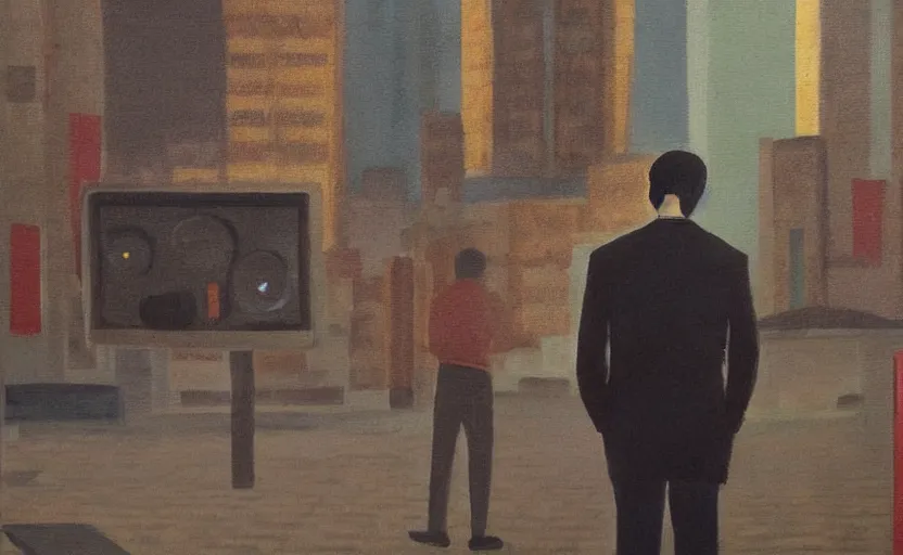 Image similar to detailed painting of a man standing alone in a city with his eyes open but everyone else is on the side staring at crt television screens everywhere.