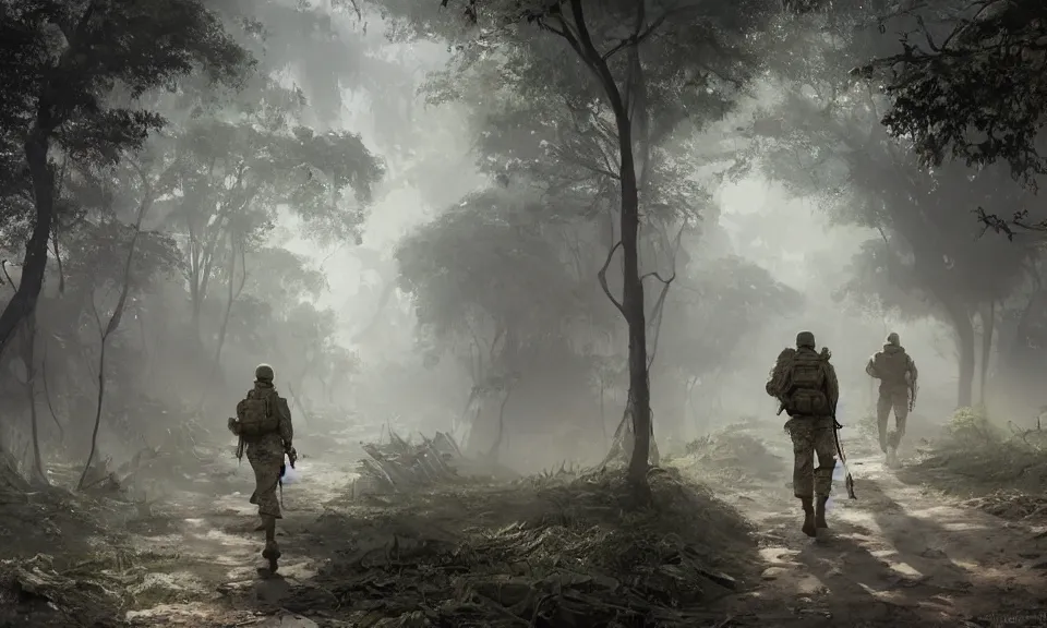 Image similar to Futuristic matte painting of a US soldier in the Vietnam War walking through an abandoned Vietcong village, volumetric light scattering, highly detailed, digital art, Andreas Rocha, Greg Rutkowski, Darek Zabrocki, ArtStation, CGSociety, Unreal Engine, 4K, 8K