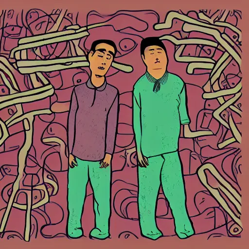 Prompt: chinese men in a prison, heart kidney lungs, in the style of daniel johnston and outsider art, 4k, line brush