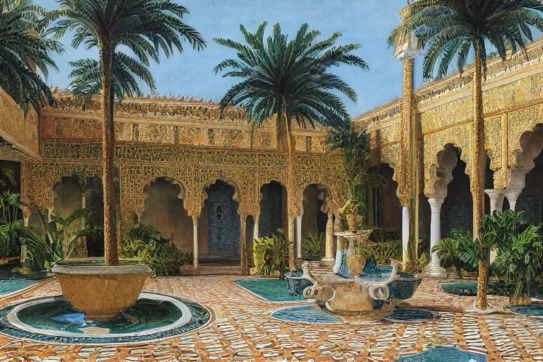 Image similar to painting of a beautiful moorish palace courtyard garden, by ludwig deutsch, patterned tilework, palm trees, tiled fountains, extremely detailed, dramatic lighting, smooth sharp focus