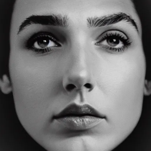 Prompt: photo of Gal Gadot by Diane Arbus, extreme closeup, black and white, high contrast, Rolleiflex, 100mm f/4 lens