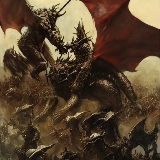 Image similar to an army of draconians riding beasts with flag bearers and trumpeters, intricate detail, royo, vallejo, frazetta, giger, whealan,