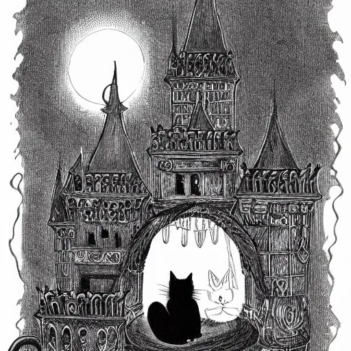 Image similar to a all black cat sitting on top of a castle, demon cat, style of kentaro miura!!!!, black and white, finely detailed