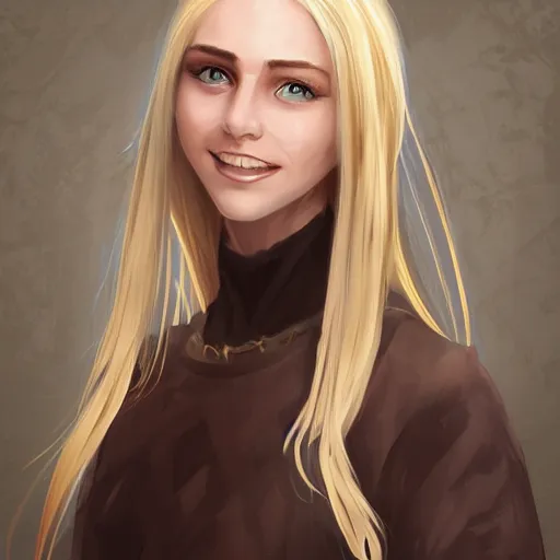 Prompt: portrait, 3 0 years old women : : fantasy : : long straight blonde hair, beeing happy, smiling : : attractive, symmetric face : : brown medieval cloting, natural materials ( pointy ears ) : : high detail, digital art, rpg, concept art, illustration