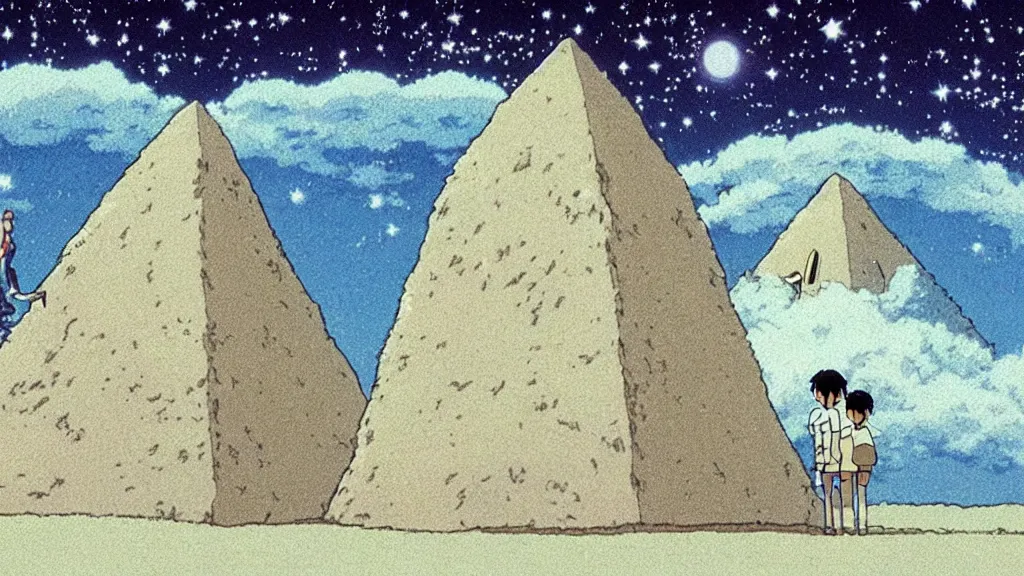 Image similar to a movie still from a studio ghibli film showing a floating large white pyramid with a gold gapstone, a grey alien, and a ufo on a misty and starry night. by studio ghibli