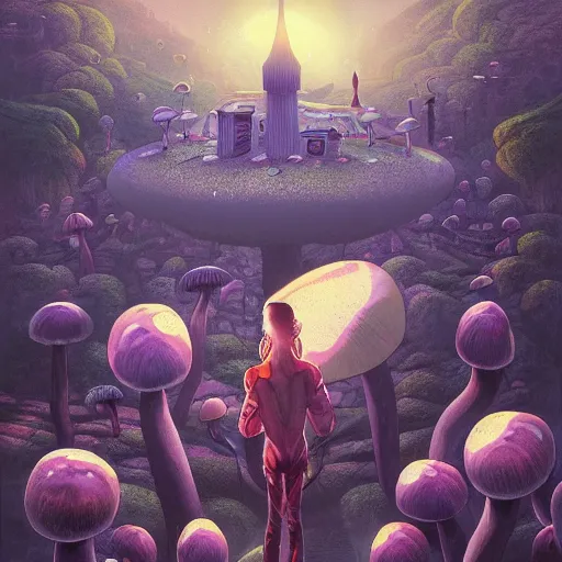 Image similar to A centered chest up portrait of a psychedelic godlike anthropomorphic frog smoking a hand-rolled cigarette , magic mushroom village in background . award winning. superb resolution. in the art style of junji Ito and greg rutkowski . Detailed Mushroom city in background. Hyper realistic anime. Perfect art. Dalle2