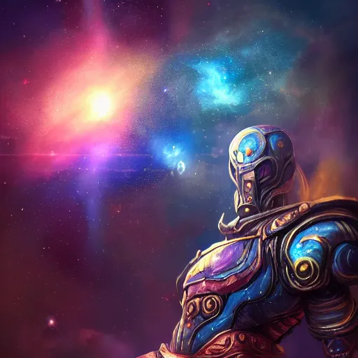 Image similar to photorealistic fantasy cosmic concept art of a cosmic god with armor made out of planets and dark matter, hovering in a unknown galaxy, fully body portrait, cinematic, dynamic lighting, ultra detailed, creative, trending on art station, stunning visuals, creative