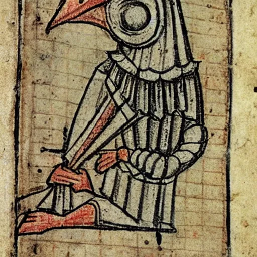 Image similar to medieval sketch of an exhausted anthropomorphic bird