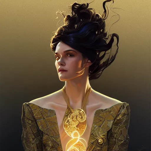 Image similar to Sandman with a gold suit, portrait, intricate, elegant, highly detailed, digital painting, artstation, concept art, smooth, sharp focus, illustration, art by artgerm and greg rutkowski and alphonse mucha