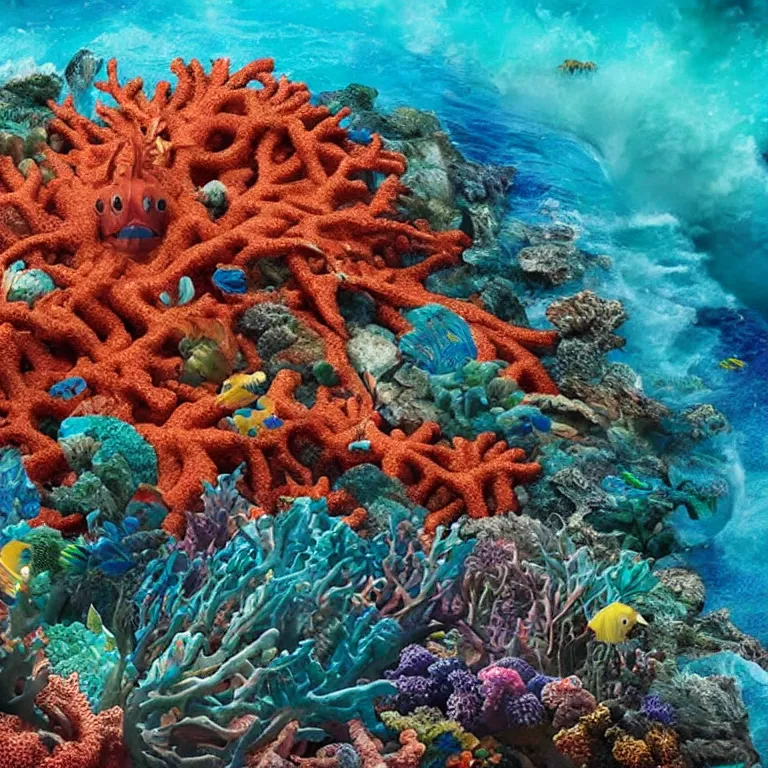 Prompt: a photo of a massive sea monster made of pieces of colorful coral reef emerging from the ocean, epic vfx shot, waves, splashing water, creature design, award winning photography, national geographic