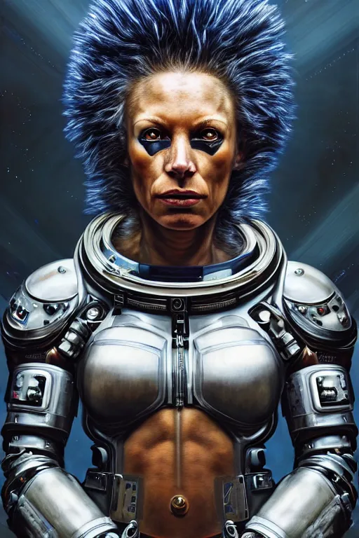 Image similar to a portrait of a muscular anthropomorphic cyberpunk lioness in spacesuit armor with ensignia on chest plate by sandra chevrier, by jon foster, detailed render, post - processing, extremely hyperdetailed, intricate, epic composition, cybernetics, 4 k realistic, cryengine, realistic shaded lighting, sharp focus, masterpiece, by enki bilal