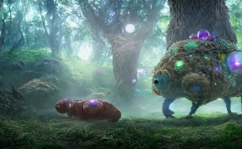 Image similar to microscopic tardigrades, magical forest, water bear, robots, concept art, intricate details, highly detailed, photorealistic, disney pixar, octane render, iridescent, anime, 8 k