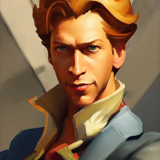 Image similar to Greg Manchess portrait painting o Guybrush Threepwood as Overwatch character, medium shot, asymmetrical, profile picture, Organic Painting, sunny day, Matte Painting, bold shapes, hard edges, street art, trending on artstation, by Huang Guangjian and Gil Elvgren and Sachin Teng