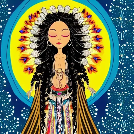 Image similar to beautiful illustration of a mexican woman of 4 0 years old, with curly black and silver hair, the woman has beautiful black eyes, her skin is light brown, she is dressed in shaman clothes, in the style of amanda sage