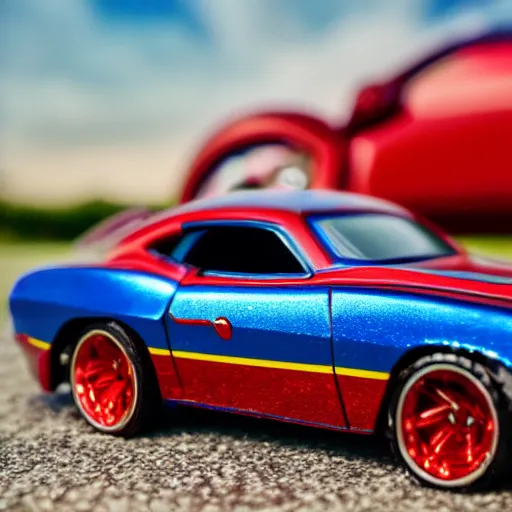 Prompt: 3 5 mm photo of metallic red and blue wonder woman car like hot wheels model with a sky as background, epic cinematic, epic lighting