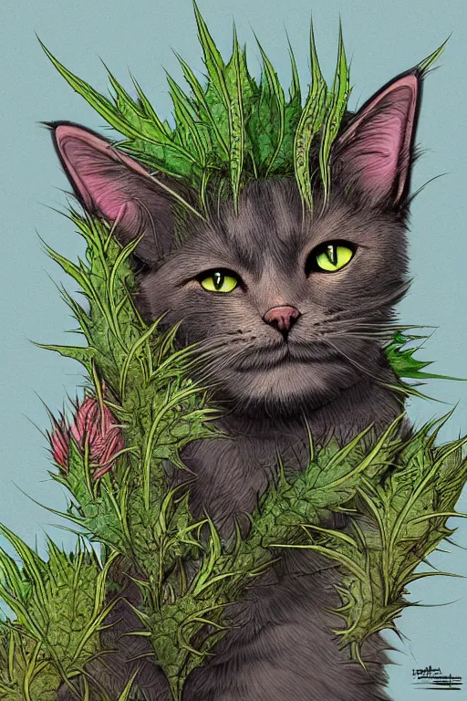 Image similar to a cat thistle hybrid, highly detailed, digital art, sharp focus, trending on art station, plant, anime art style