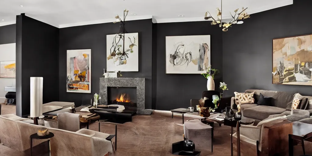 Image similar to a modern living room with dark wood floors and muted colored walls, adjacent hallways, and a wall sized hollywood fireplace, low hanging art deco chandeliers on fire.