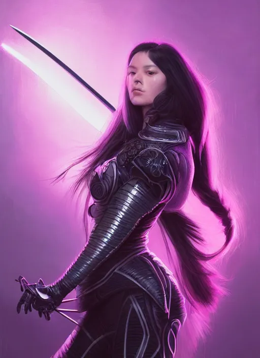 Image similar to portrait of a woman with long black hair in a ponytail, in sci - fi armor, platemail, close fitting, holding a katana made of purple energy, intricate, elegant, glowing lights, highly detailed, digital painting, artstation, concept art, smooth, sharp focus, illustration, art by wlop, mars ravelo and greg rutkowski